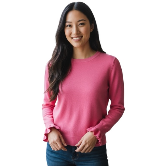 Talbots Pink Sweater Size Petite M Long Sleeve Crew Neck Button Back Bell Cuffs - Picture 1 of 11